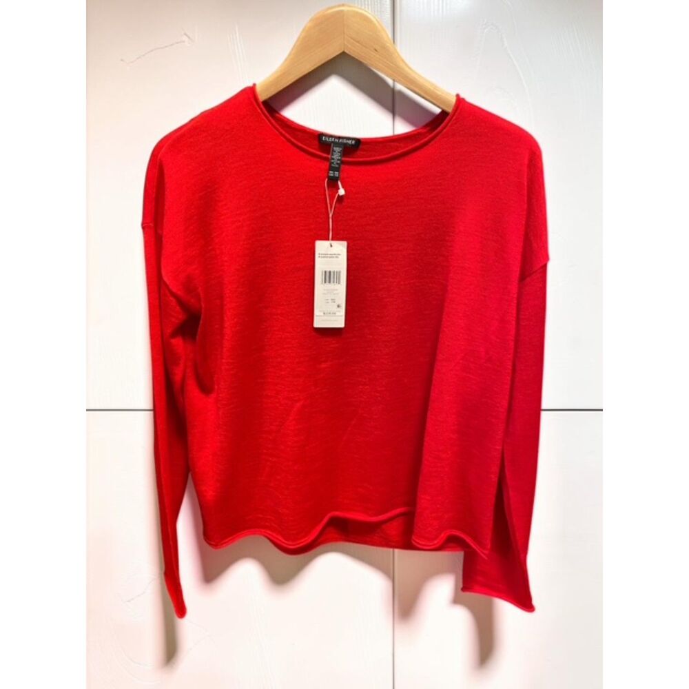 NWT Eileen Fisher Fine Merino Box-Top Sweater Regenerative Wool Red Poppy XXS
